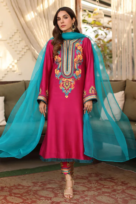 Fuchsia pink organza suit with long shirt, trousers and dupatta – view 1 – Poshaq