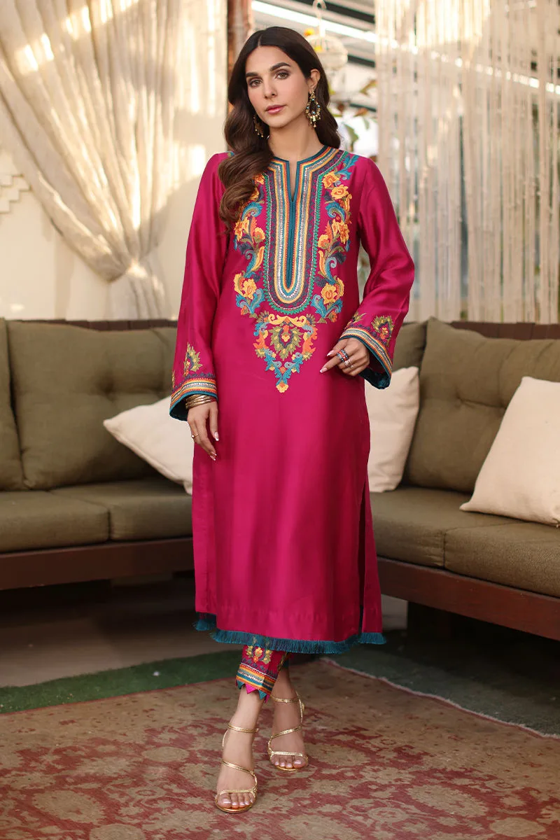 Fuchsia pink organza suit with long shirt, trousers and dupatta – view 2 – Poshaq