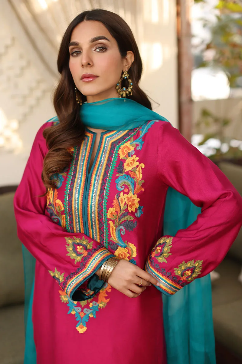 Fuchsia pink organza suit with long shirt, trousers and dupatta – view 3 – Poshaq