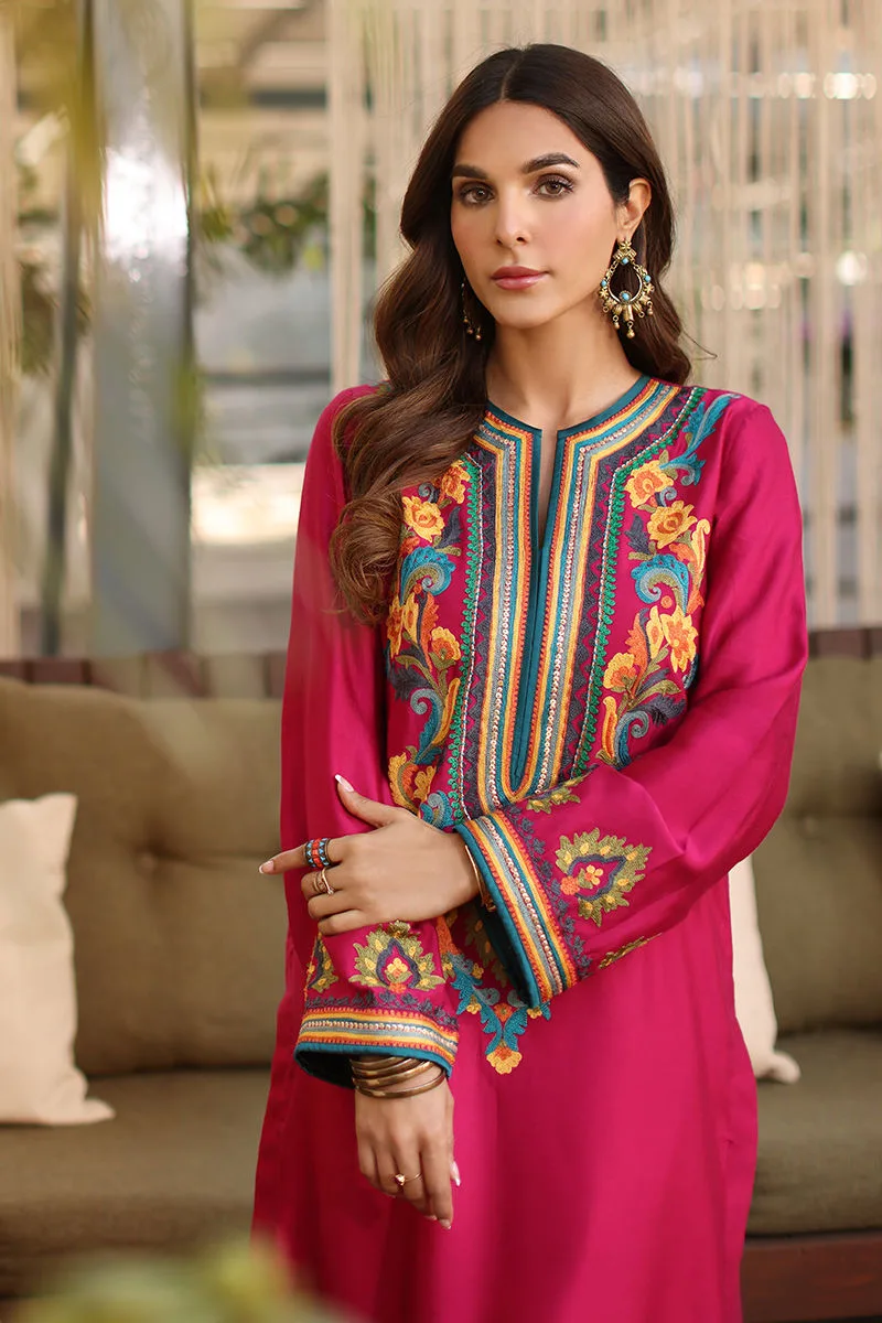 Fuchsia pink organza suit with long shirt, trousers and dupatta – view 4 – Poshaq