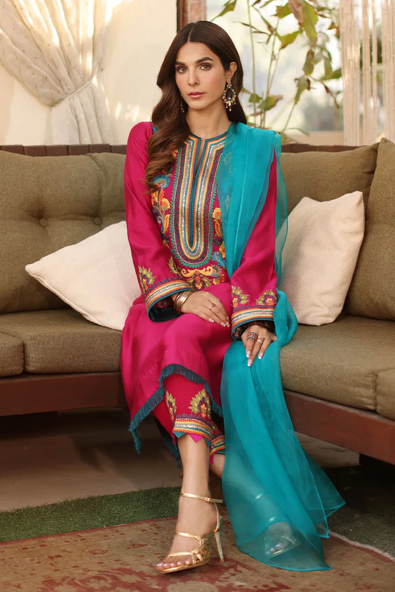 Fuchsia pink organza suit with long shirt, trousers and dupatta – view 5 – Poshaq