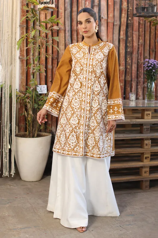 Mustard chiffon top with cotton skirt and net detailing – view 1 – Poshaq