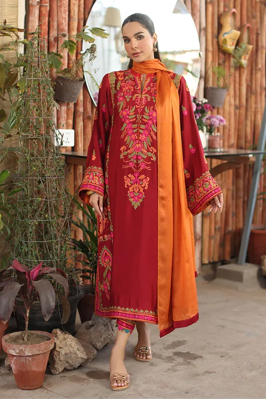 Crimson silk suit with cotton‑net shirt and silk dupatta – view 1 – Poshaq