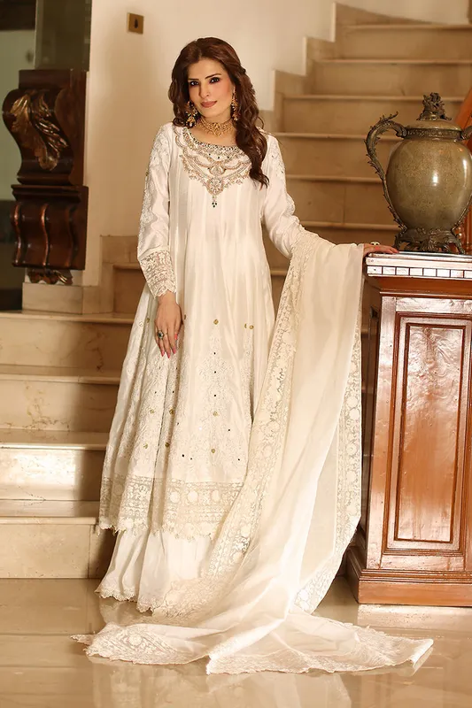 White cotton net shirt, dupatta and lehenga set – Aisha Imran – view 1 – Poshaq