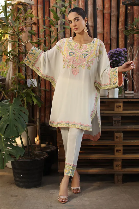 Off white cotton shirt with net trousers, embroidered details – view 1 – Poshaq