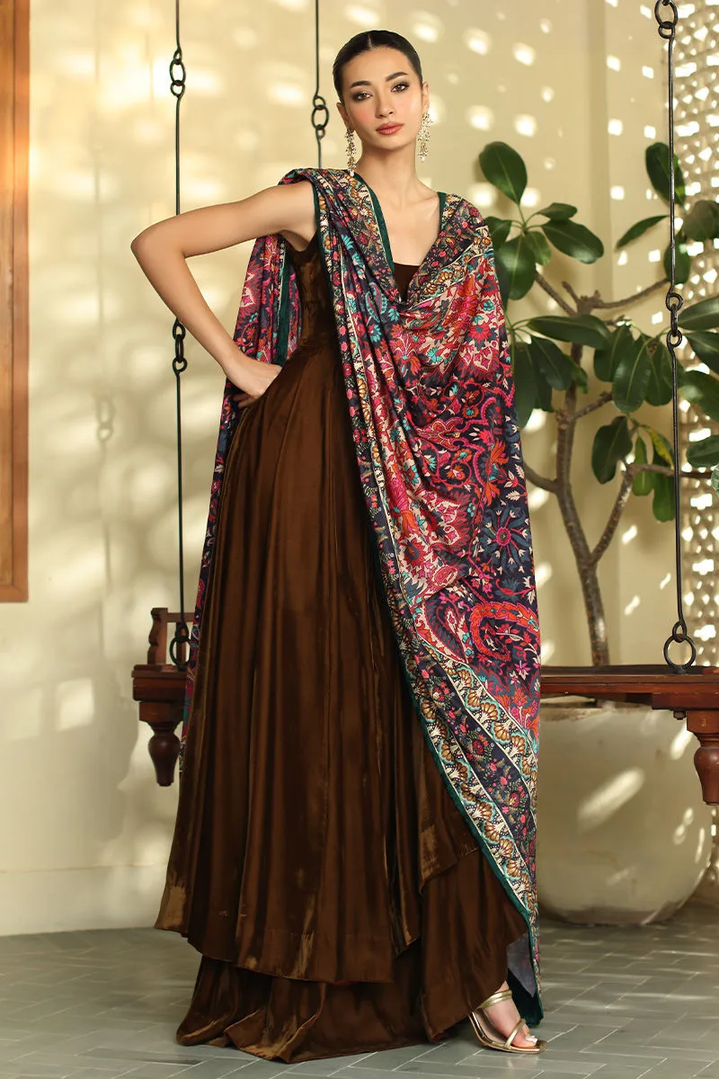 Chocolate brown velvet shawl with printed detailing – view 1 – Poshaq