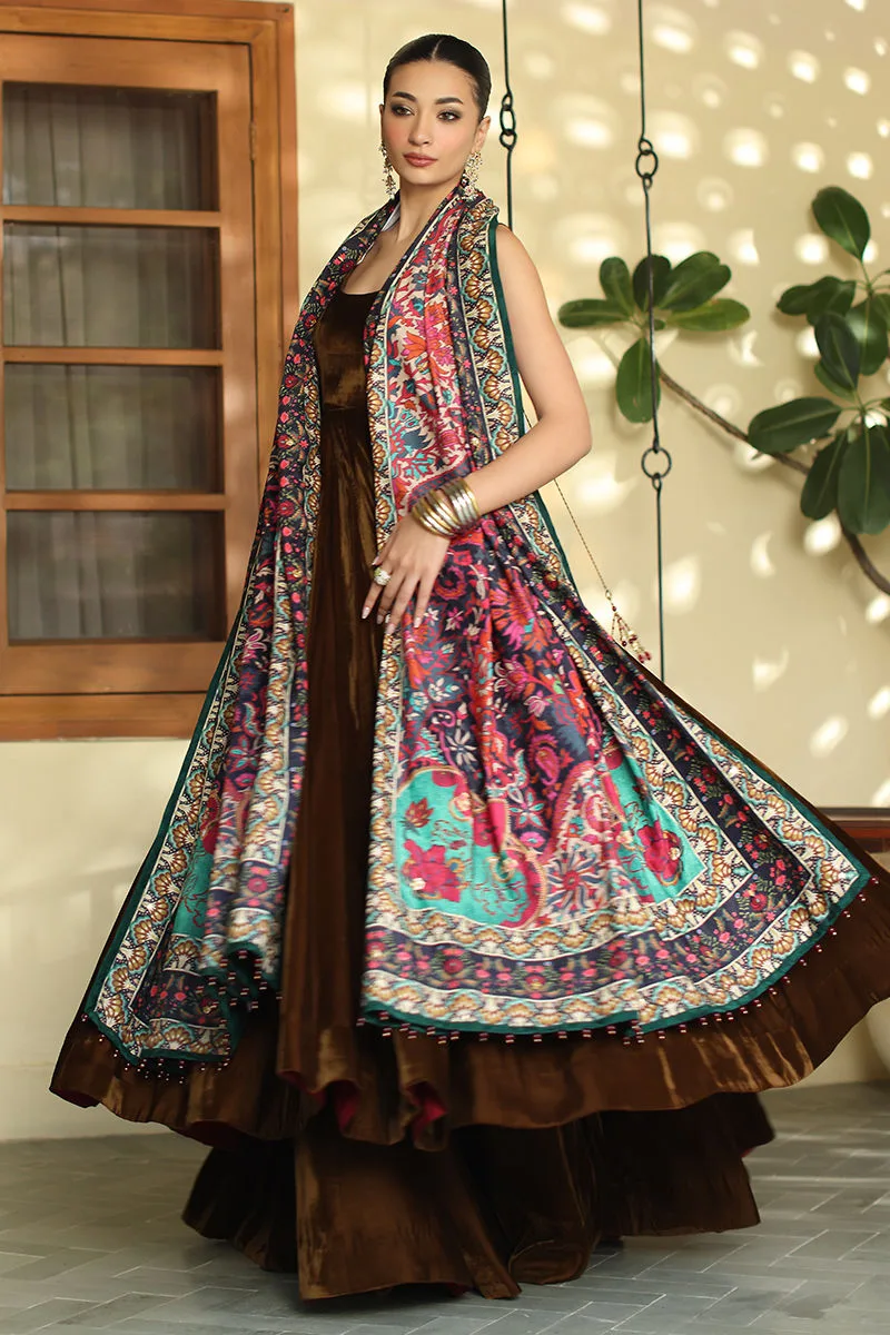 Chocolate brown velvet shawl with printed detailing – view 2 – Poshaq