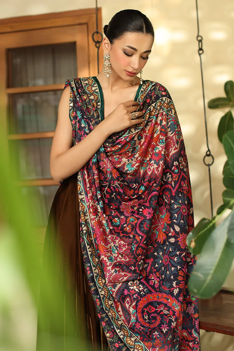Chocolate brown velvet shawl with printed detailing – view 3 – Poshaq