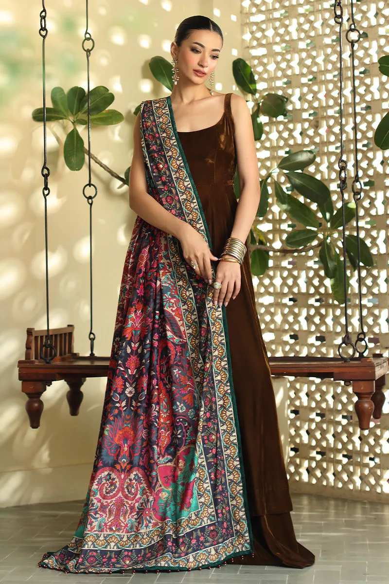 Chocolate brown velvet shawl with printed detailing – view 4 – Poshaq