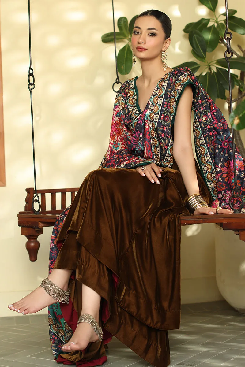 Chocolate brown velvet shawl with printed detailing – view 5 – Poshaq