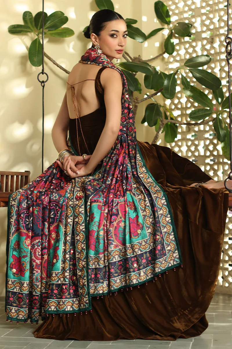 Chocolate brown velvet shawl with printed detailing – view 6 – Poshaq