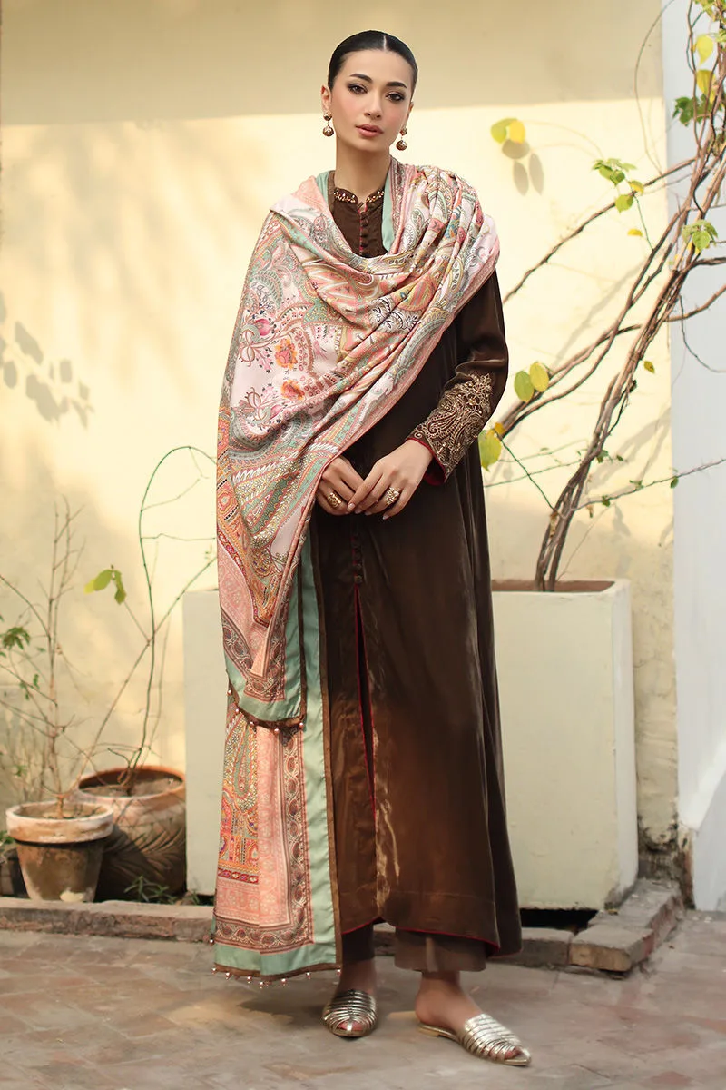 Chocolate brown velvet shawl with subtle printed pattern – view 1 – Poshaq