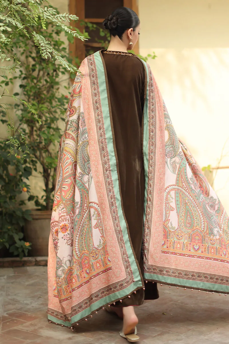 Chocolate brown velvet shawl with subtle printed pattern – view 2 – Poshaq