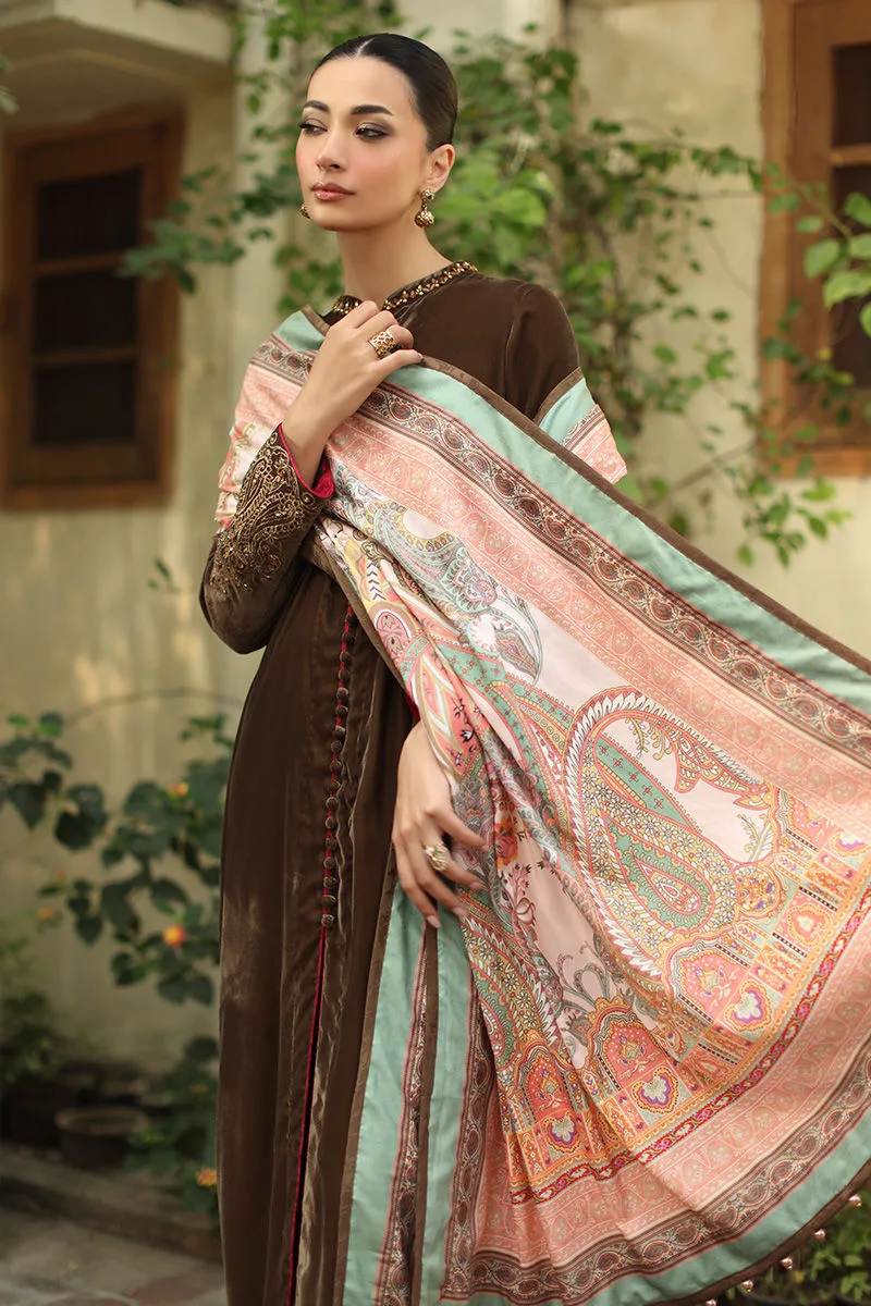 Chocolate brown velvet shawl with subtle printed pattern – view 3 – Poshaq