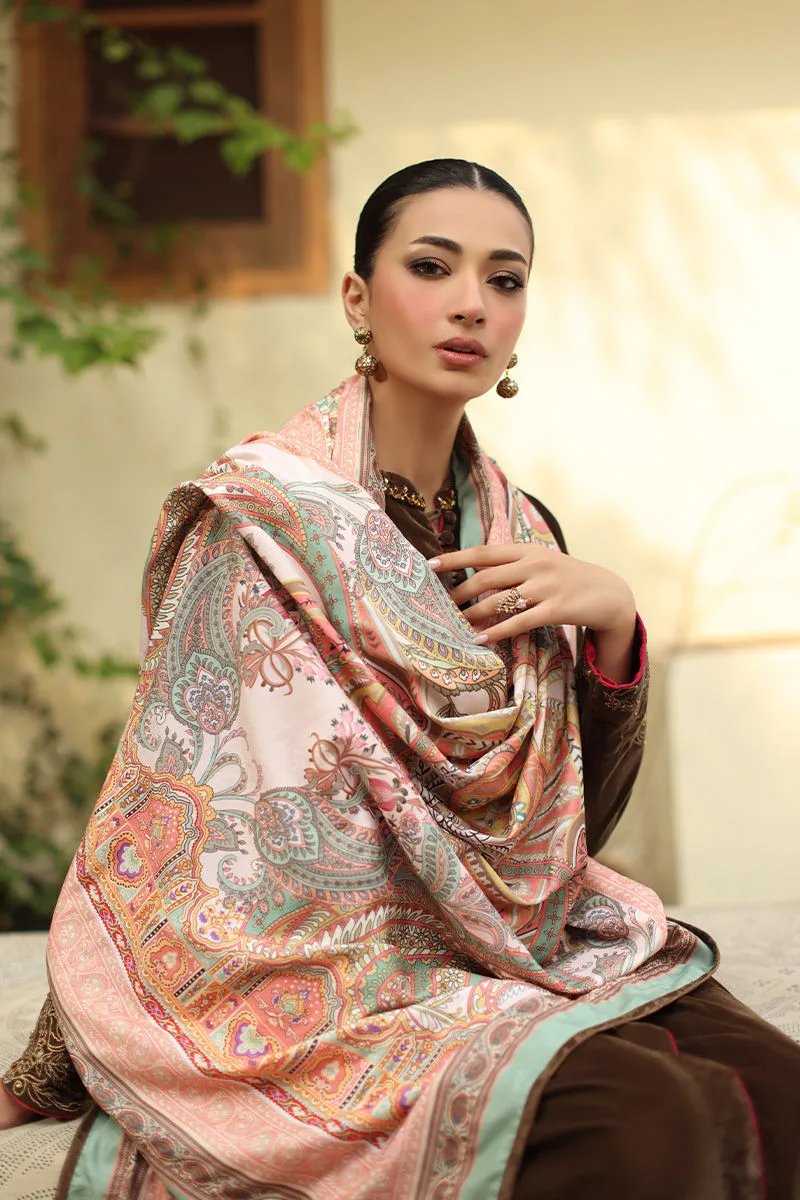 Chocolate brown velvet shawl with subtle printed pattern – view 4 – Poshaq