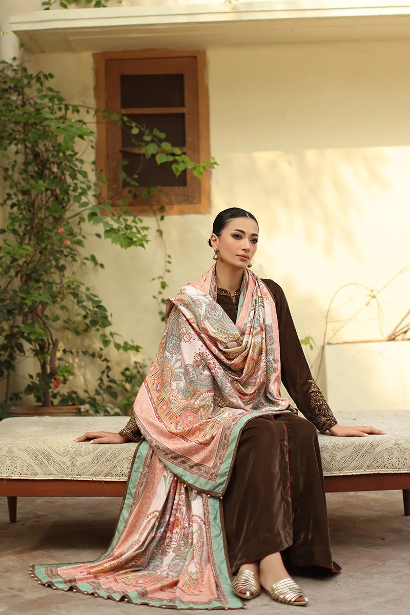 Chocolate brown velvet shawl with subtle printed pattern – view 6 – Poshaq