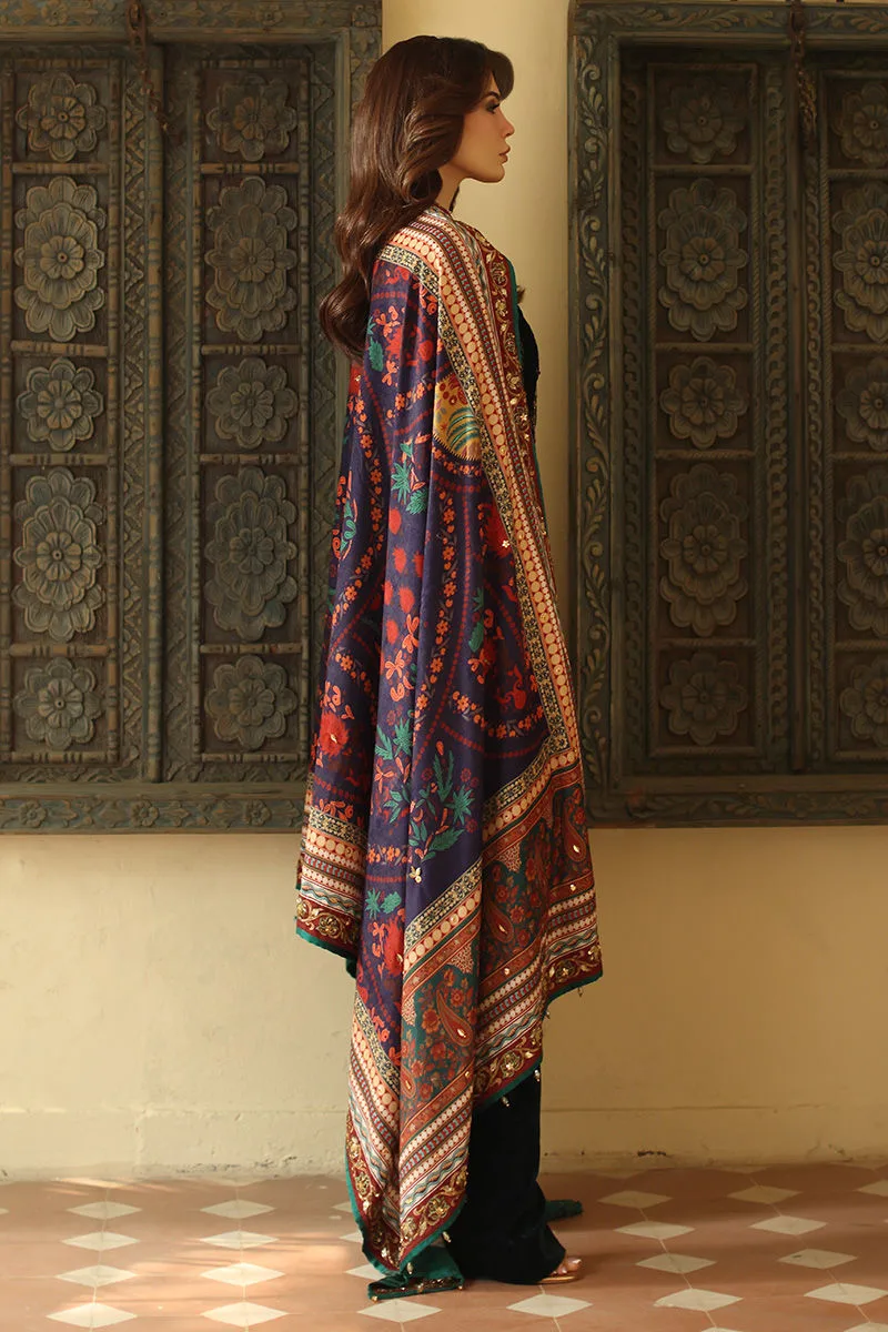 Midnight green velvet shawl with printed design – view 2 – Poshaq