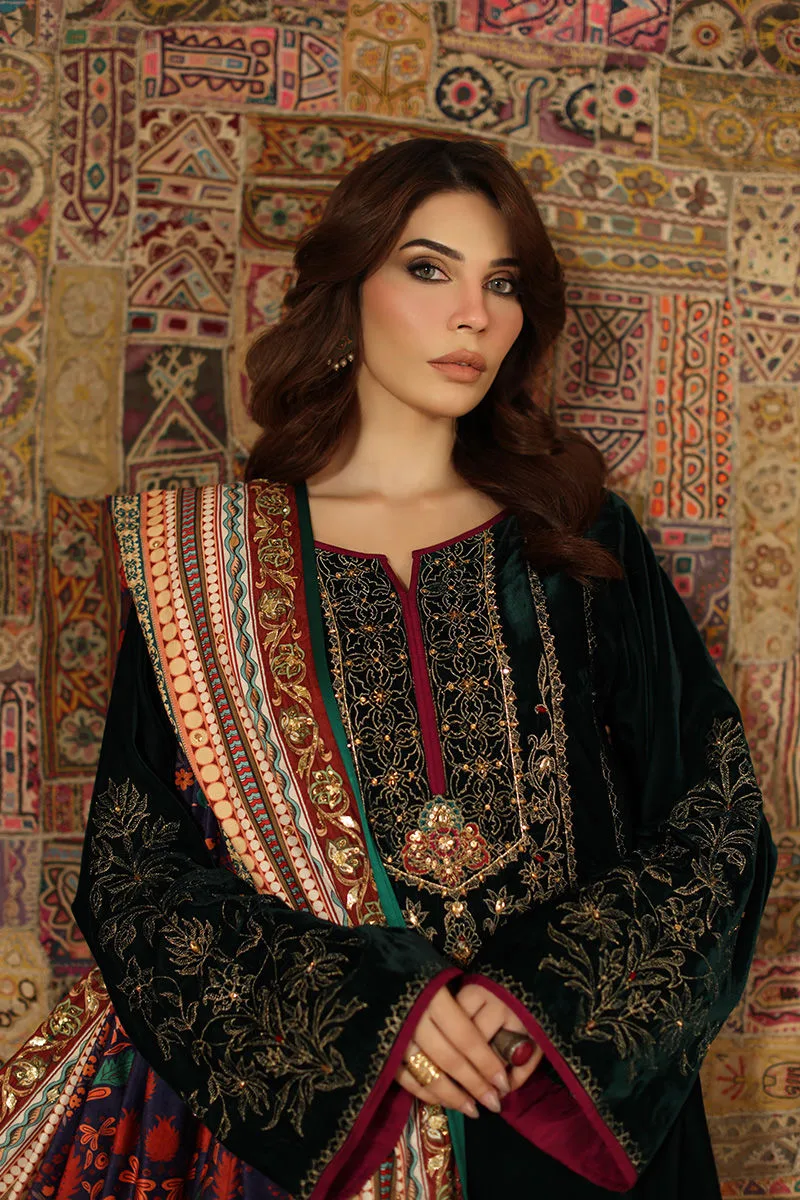 Midnight green velvet shawl with printed design – view 3 – Poshaq