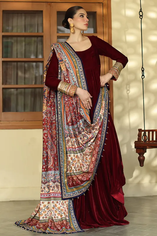 Maroon velvet shawl with rich texture and elegant drape – view 1 – Poshaq