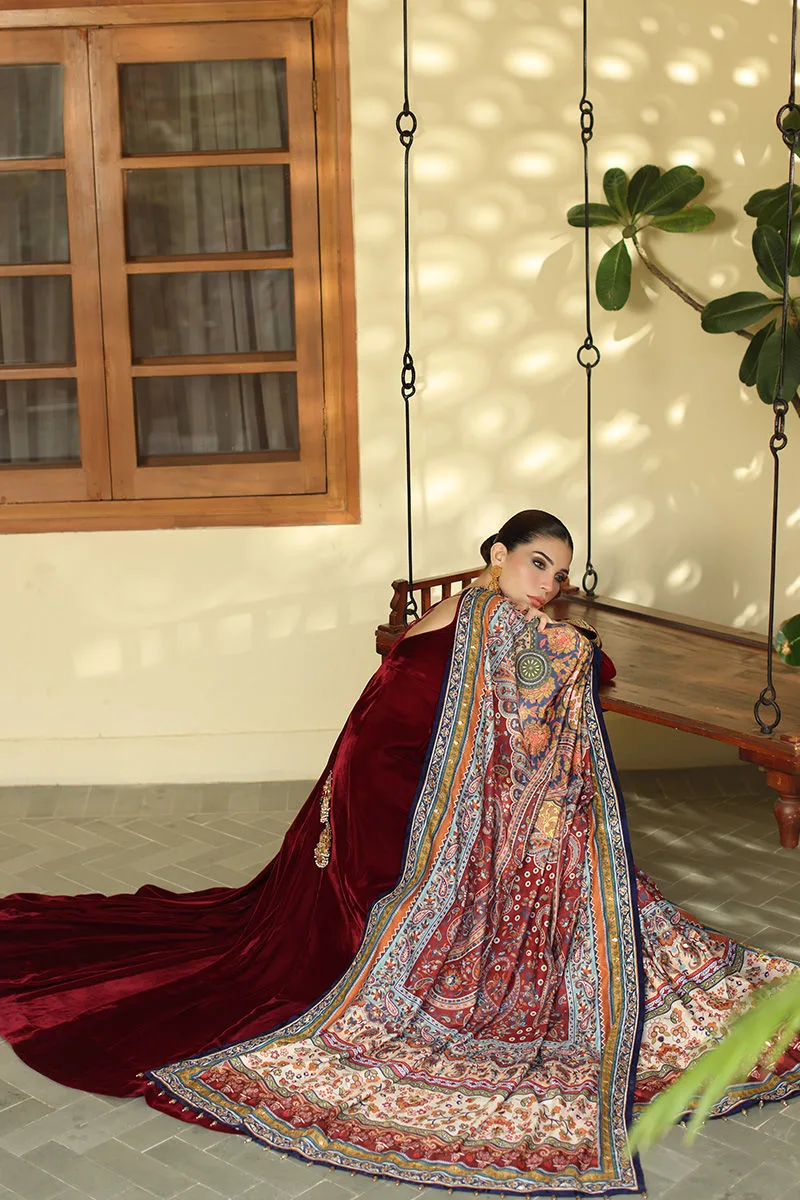 Maroon velvet shawl with rich texture and elegant drape – view 2 – Poshaq