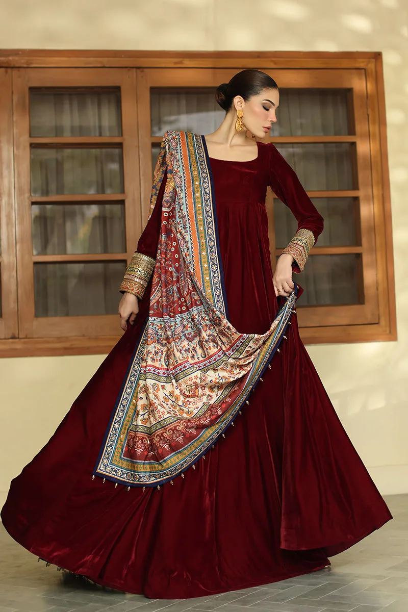 Maroon velvet shawl with rich texture and elegant drape – view 3 – Poshaq