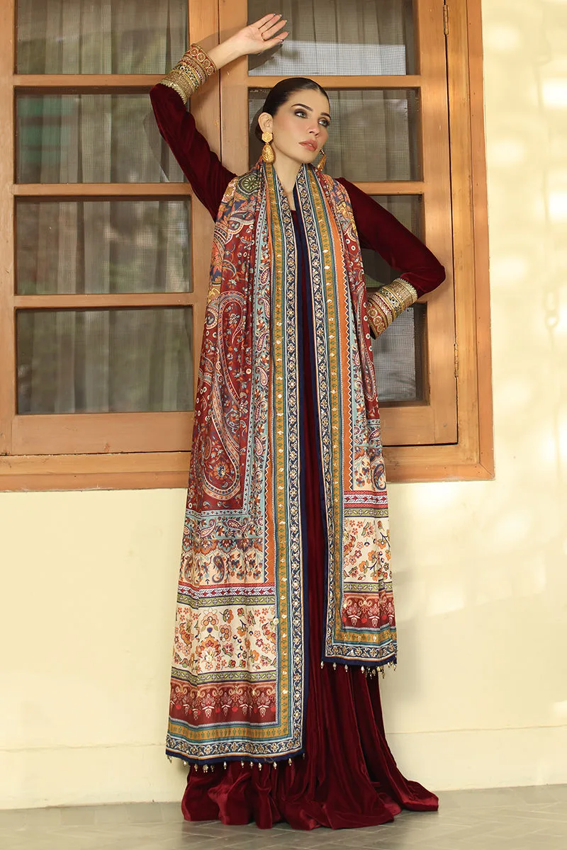 Maroon velvet shawl with rich texture and elegant drape – view 4 – Poshaq