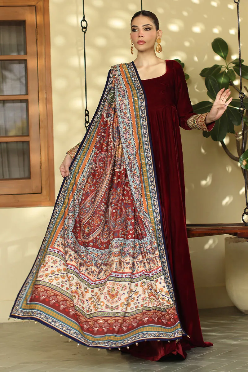 Maroon velvet shawl with rich texture and elegant drape – view 5 – Poshaq