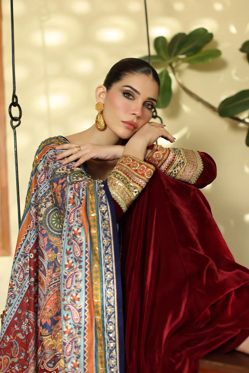 Maroon velvet shawl with rich texture and elegant drape – view 6 – Poshaq