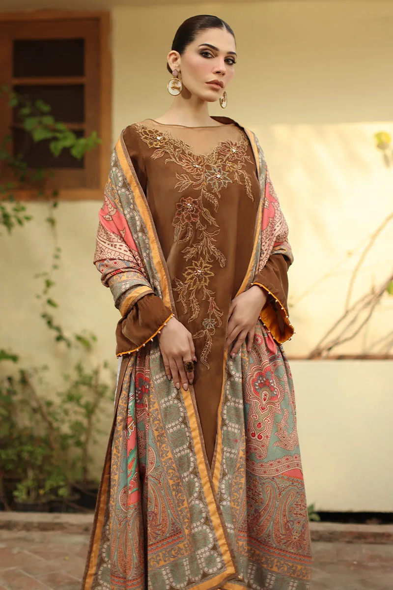 Mustard brown velvet shirt with matching shawl and loose pants – view 3 – Poshaq