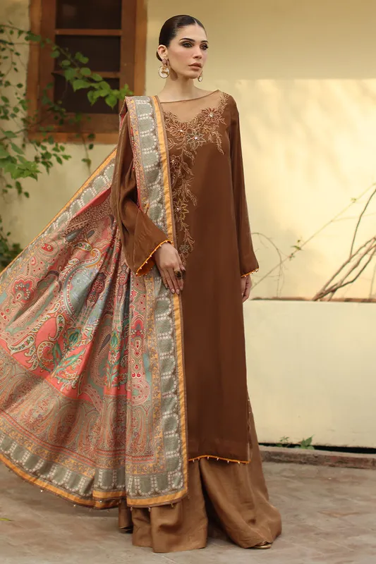 Chocolate brown velvet shawl with subtle print – view 1 – Poshaq