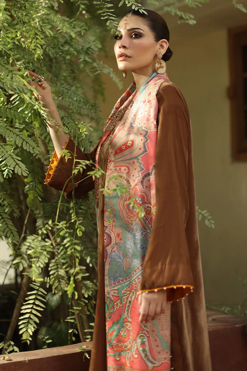 Chocolate brown velvet shawl with subtle print – view 4 – Poshaq