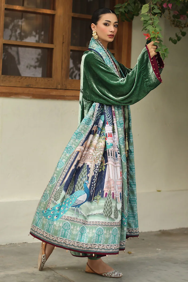 Sea green velvet shawl with subtle print – view 2 – Poshaq