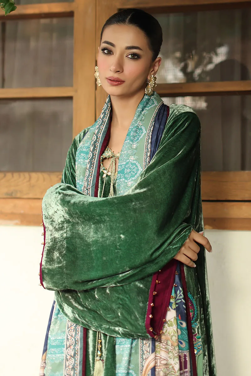 Sea green velvet shawl with subtle print – view 3 – Poshaq