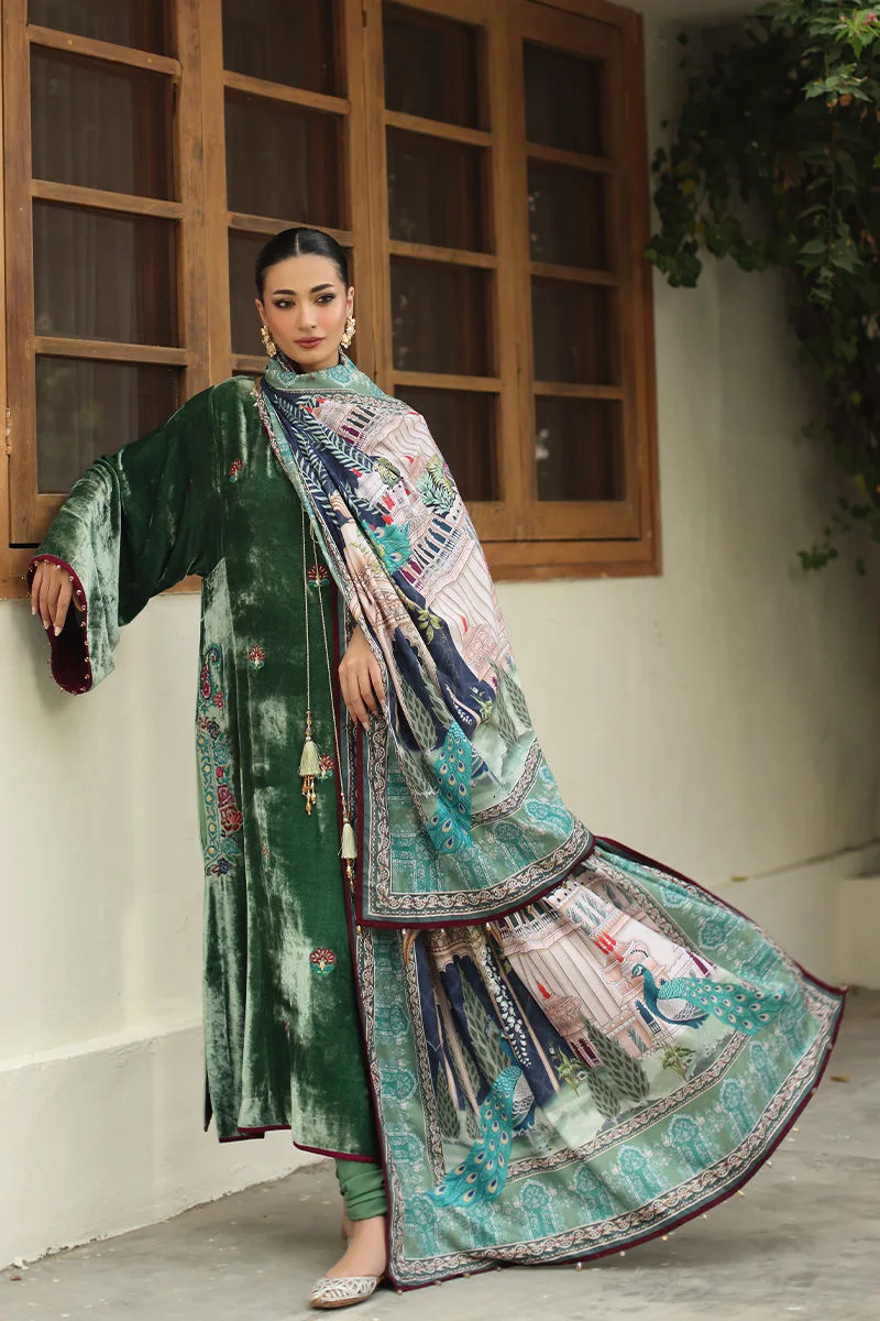 Sea green velvet shawl with subtle print – view 5 – Poshaq