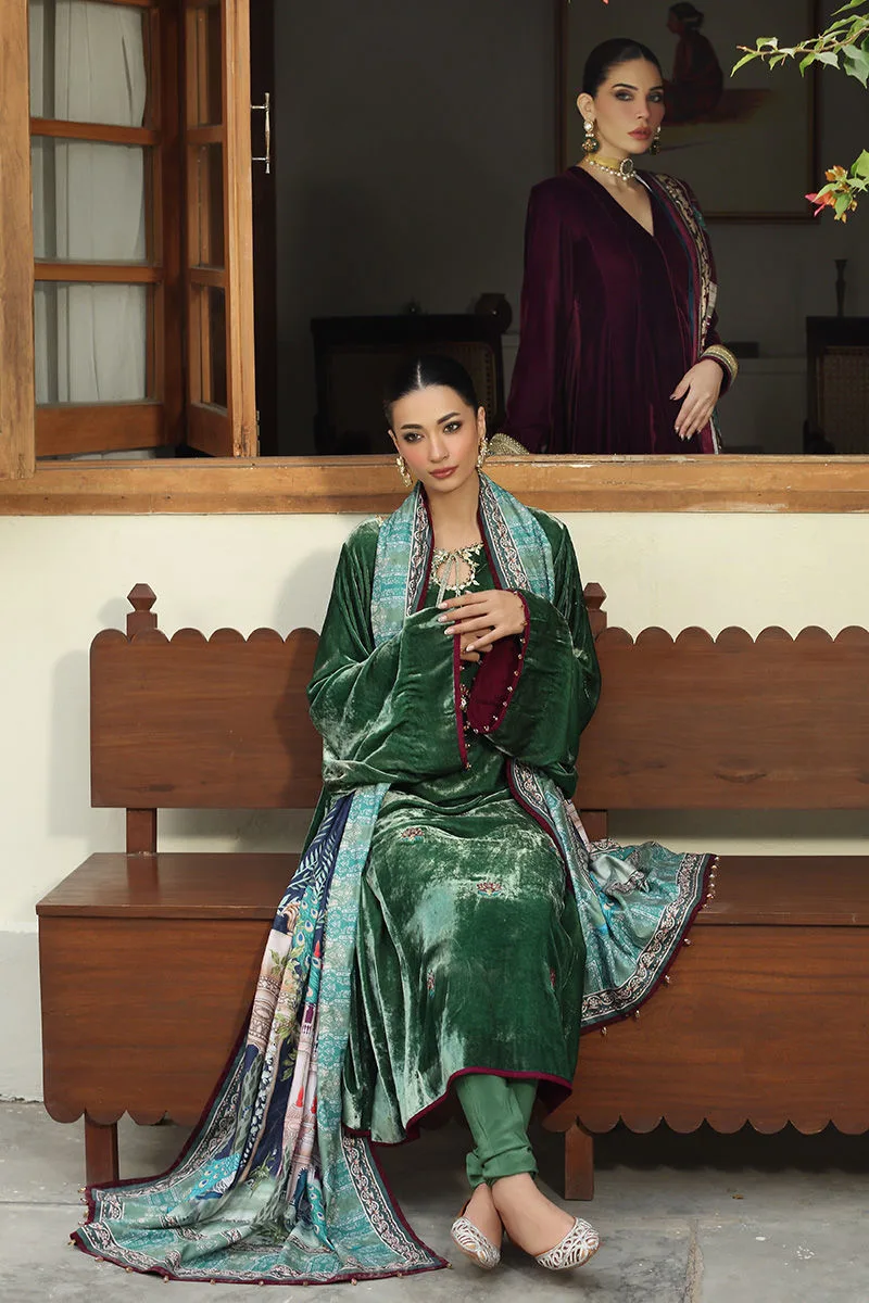 Sea green velvet shawl with subtle print – view 6 – Poshaq