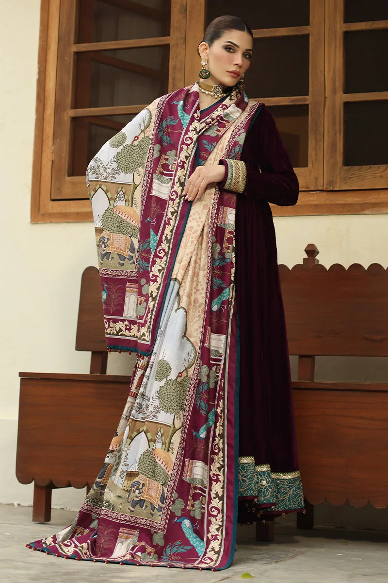 Burgundy velvet shawl with printed panache design – view 1 – Poshaq