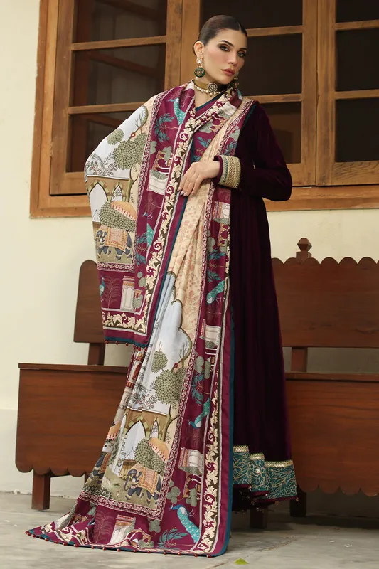 Burgundy velvet shawl with printed panache design – view 1 – Poshaq