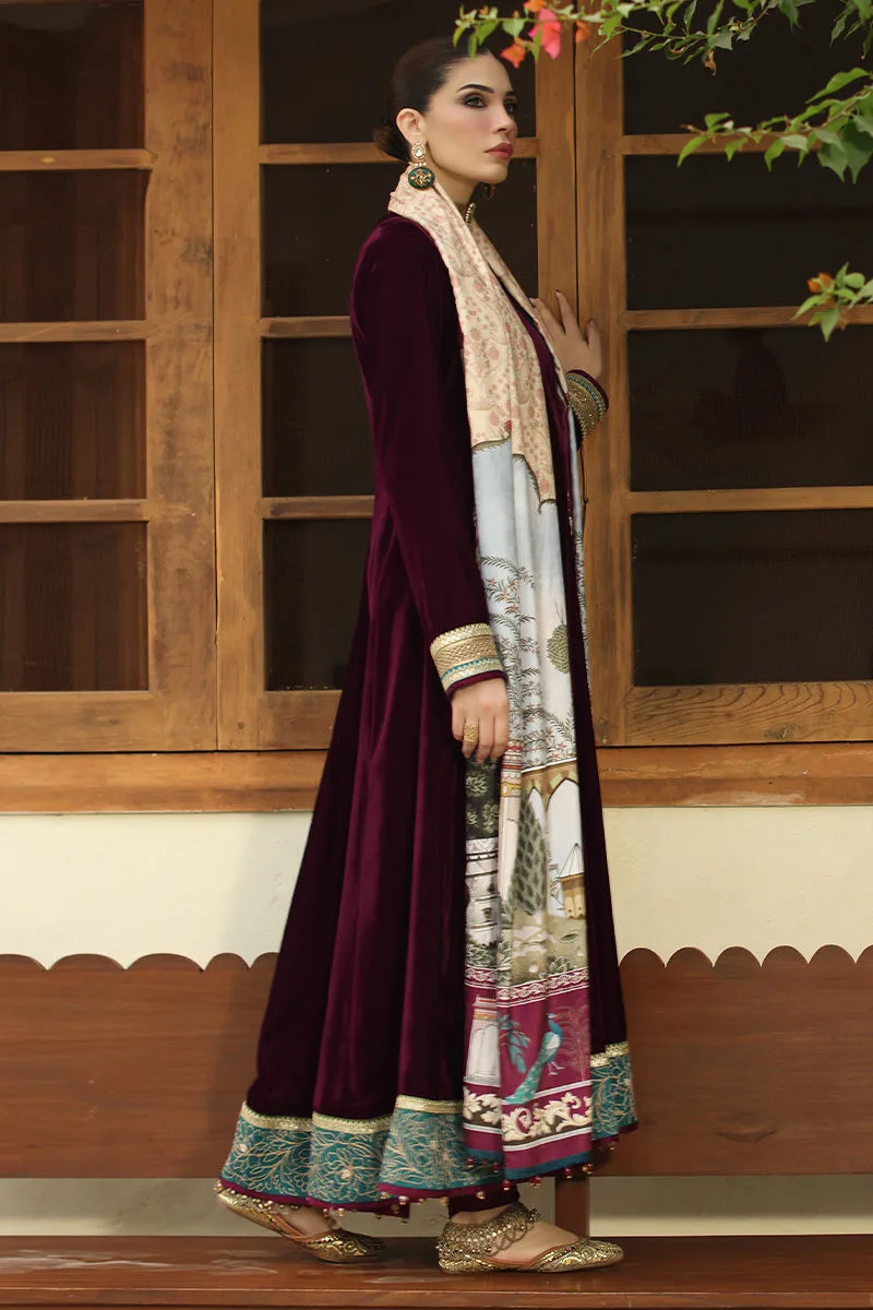 Burgundy velvet shawl with printed panache design – view 2 – Poshaq