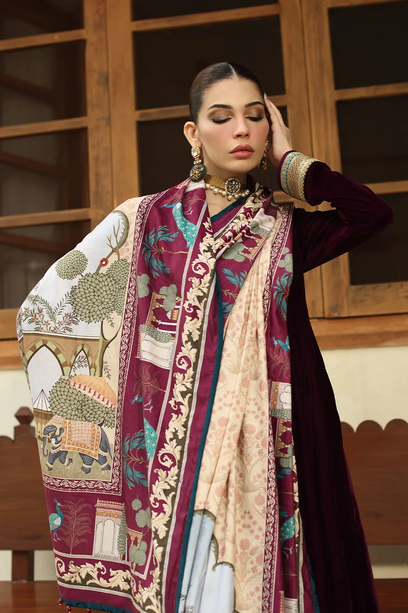 Burgundy velvet shawl with printed panache design – view 3 – Poshaq