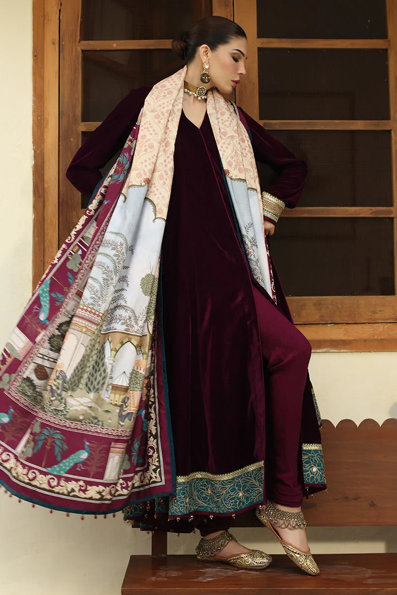 Burgundy velvet shawl with printed panache design – view 4 – Poshaq