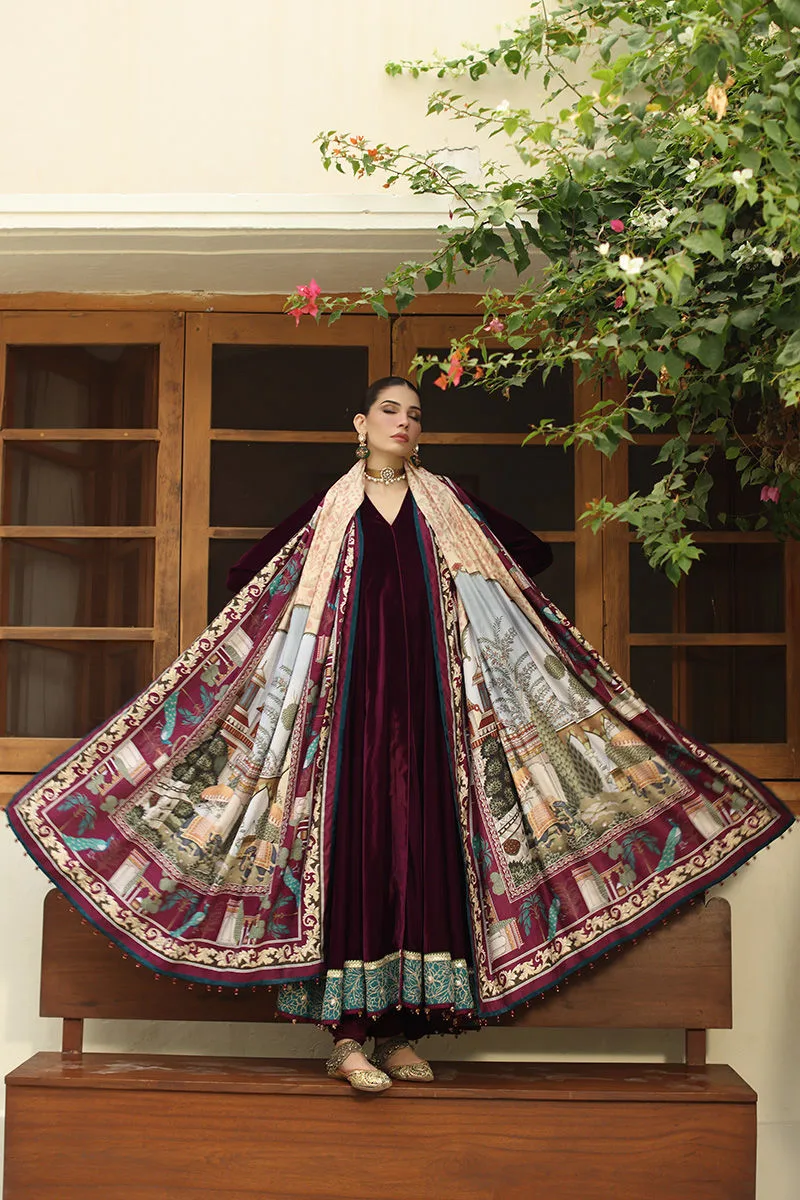 Burgundy velvet shawl with printed panache design – view 5 – Poshaq