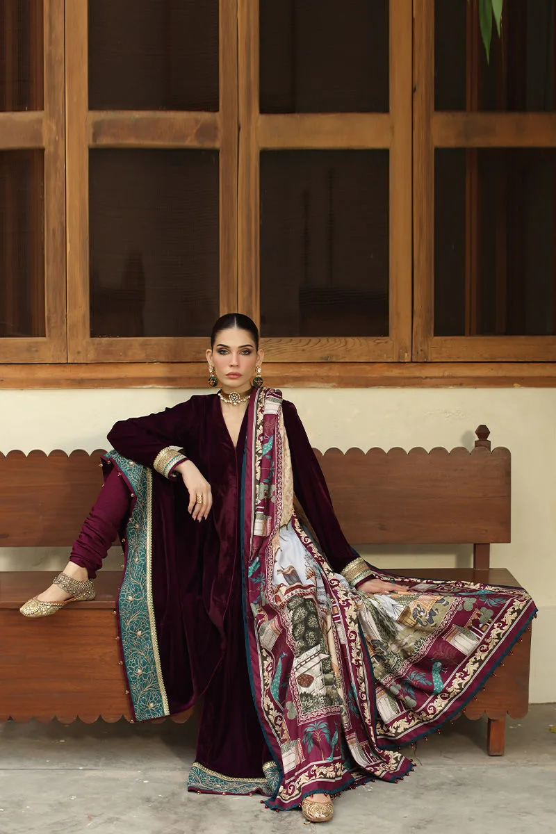 Burgundy velvet shawl with printed panache design – view 6 – Poshaq