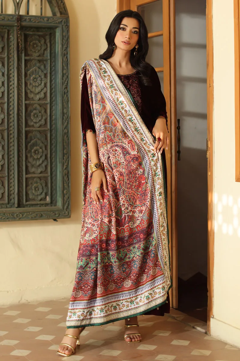 Burgundy velvet long shirt with subtle printed panache – view 1 – Poshaq