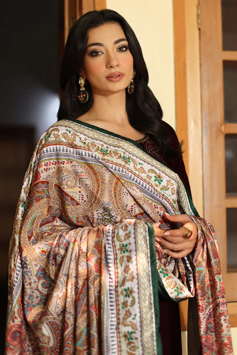 Burgundy velvet long shirt with subtle printed panache – view 3 – Poshaq