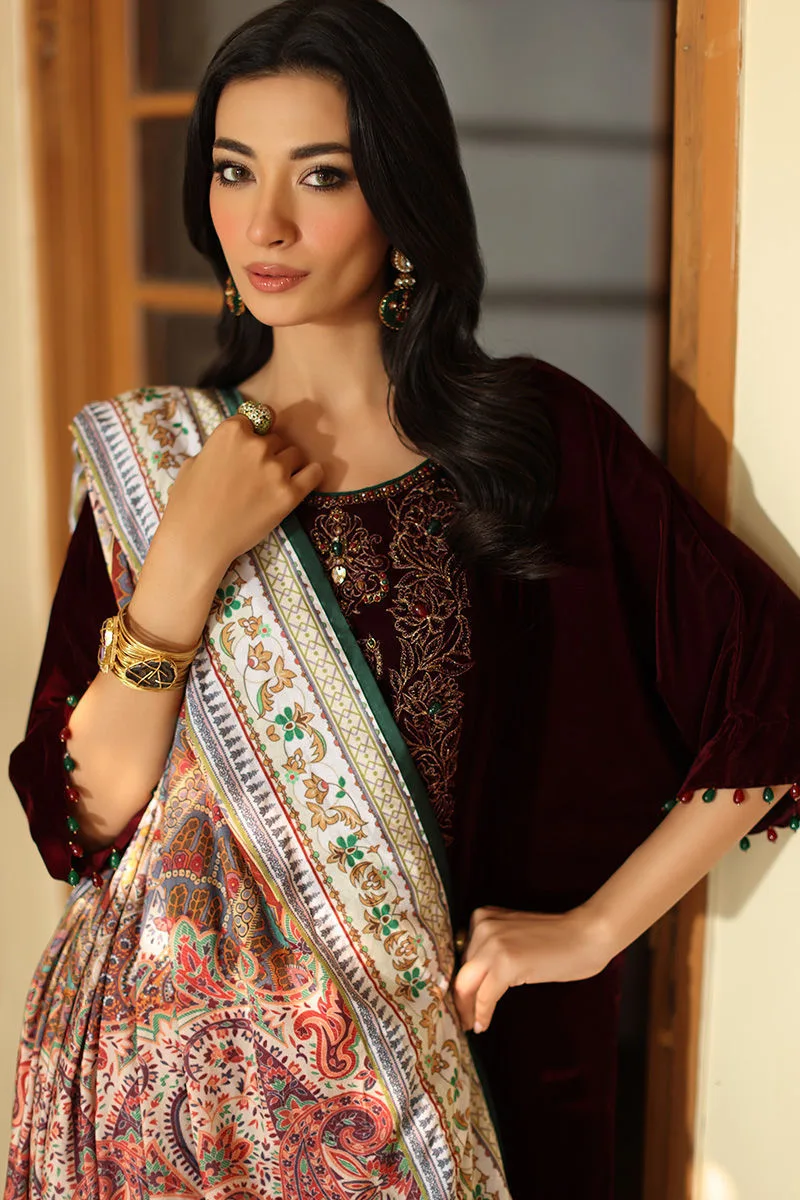 Burgundy velvet long shirt with subtle printed panache – view 4 – Poshaq