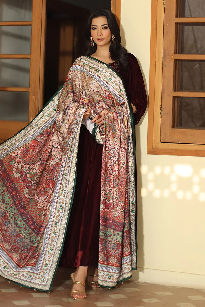 Burgundy velvet long shirt with subtle printed panache – view 5 – Poshaq