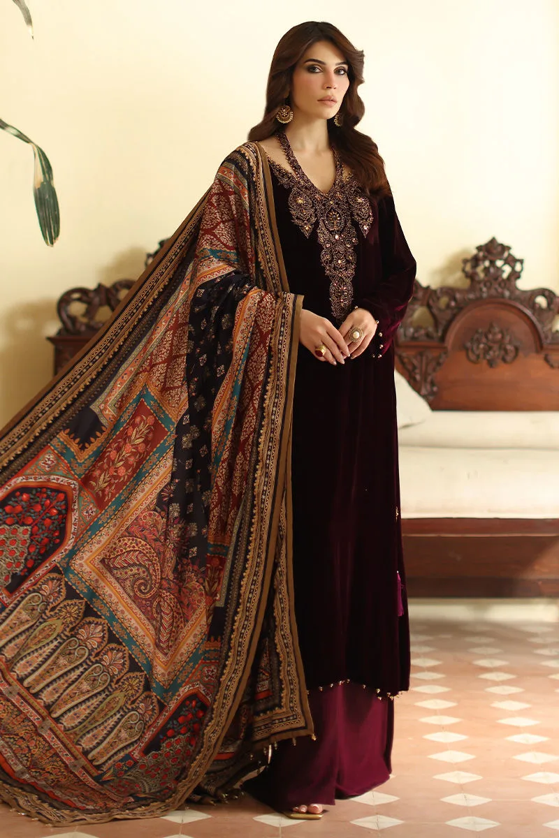 Dark maroon velvet shawl with printed design – view 1 – Poshaq