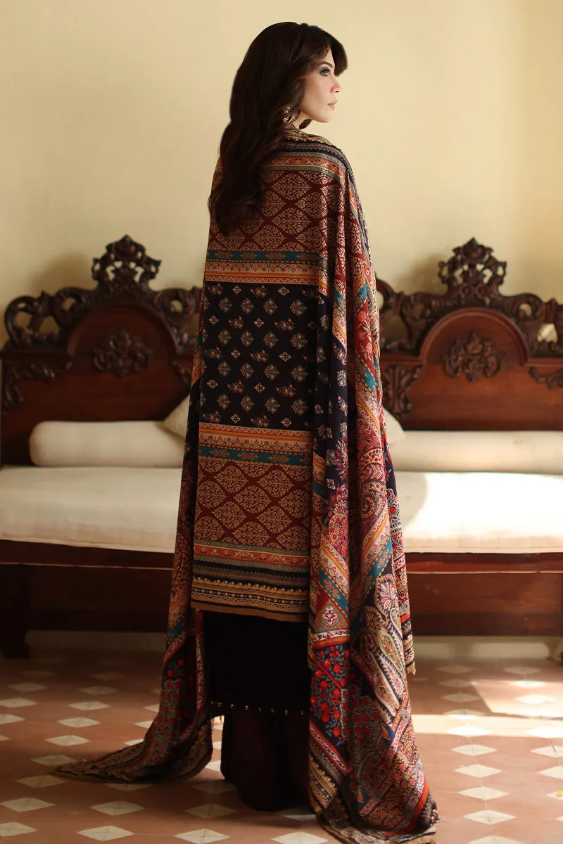 Dark maroon velvet shawl with printed design – view 2 – Poshaq