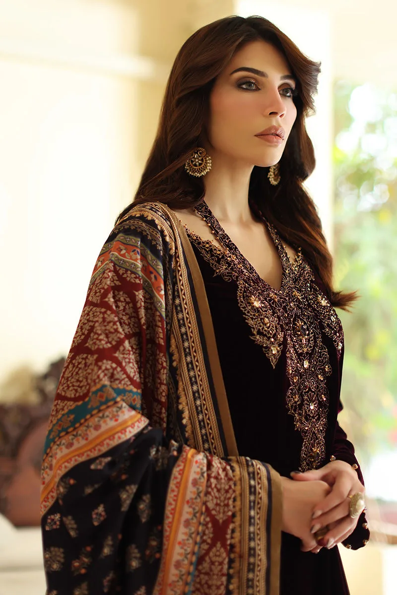 Dark maroon velvet shawl with printed design – view 3 – Poshaq