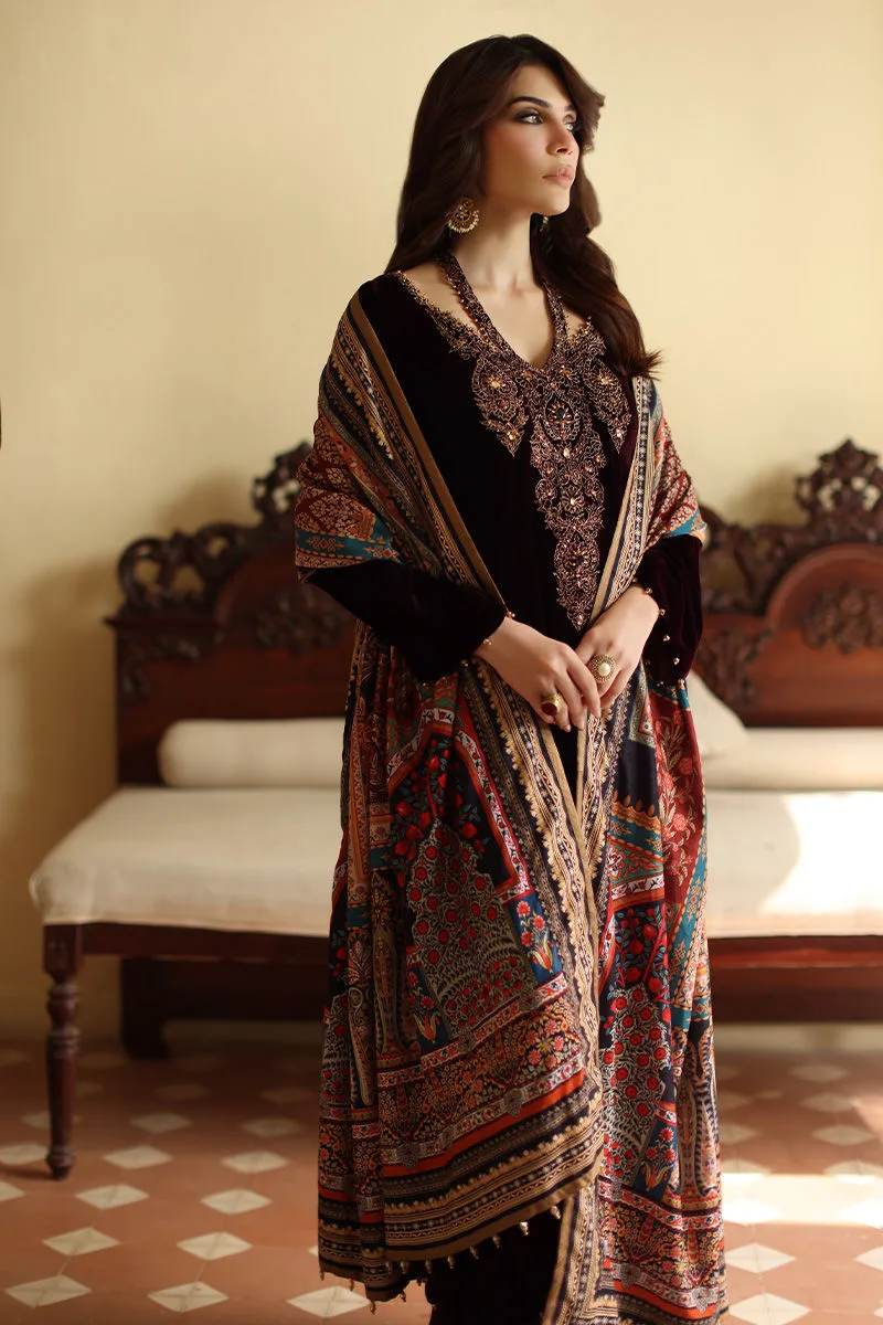 Dark maroon velvet shawl with printed design – view 4 – Poshaq
